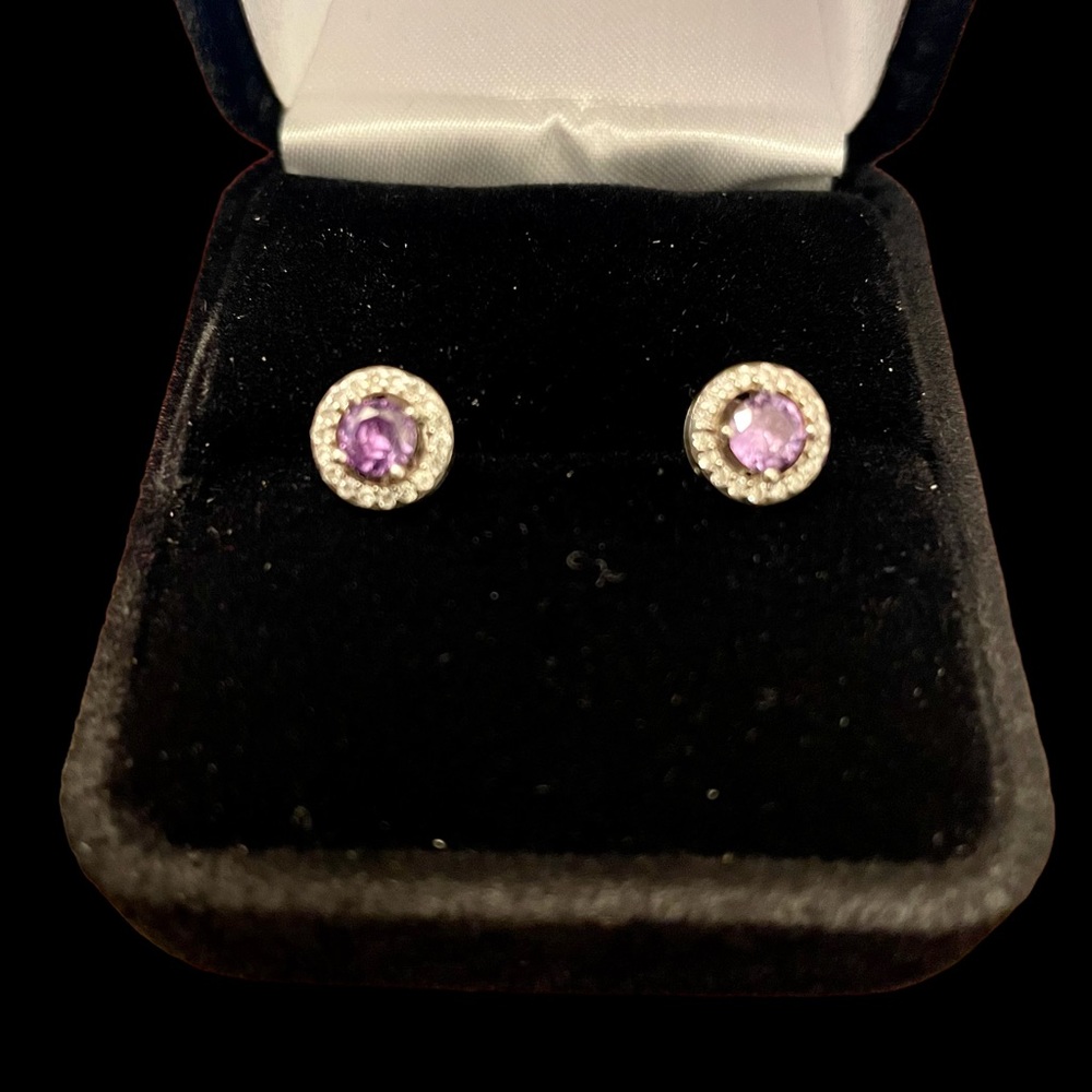 Epiphany platinum clad Diamonique halo earrings light purple stones.